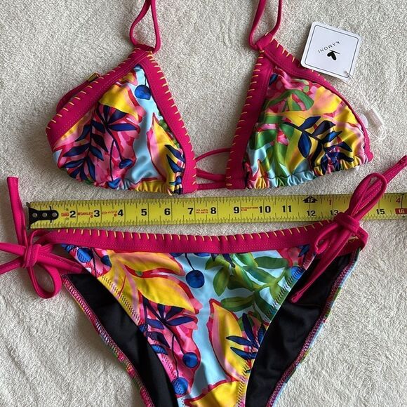 NWT KAMONI TROPICAL PRINT HALTER NECK SIDE TIE LOW RISE MICRO BIKINI LARGE - Picture 6 of 12